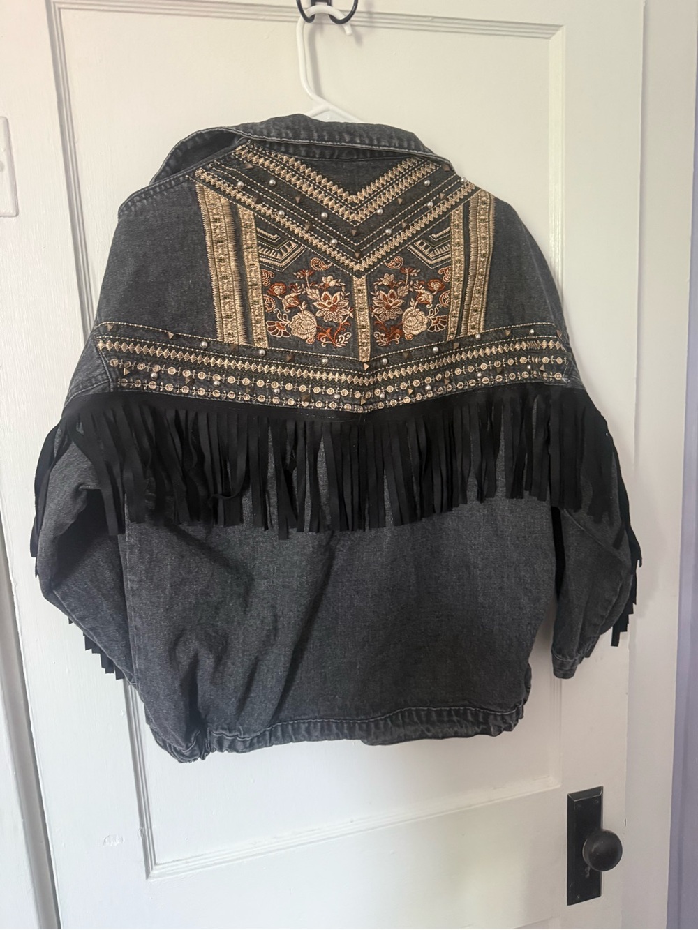 Oversized Black Denim Jacket with Fringe and Stud Details